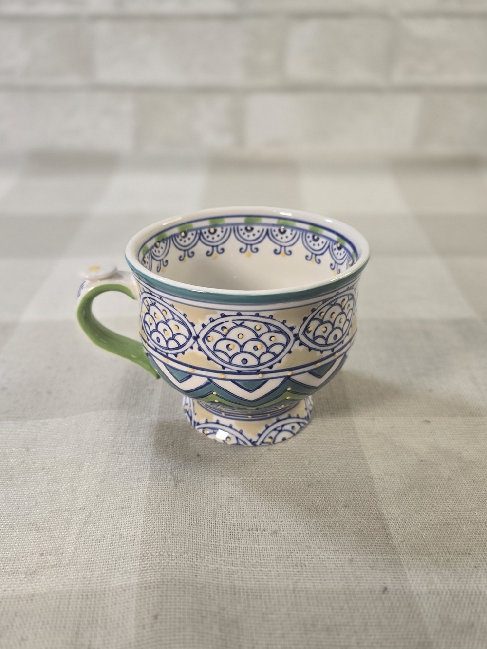 Anthropologie Green Blue Yellow Moriage Design Boho Footed 14oz Ceramic Mug Cup - Picture 6 of 8